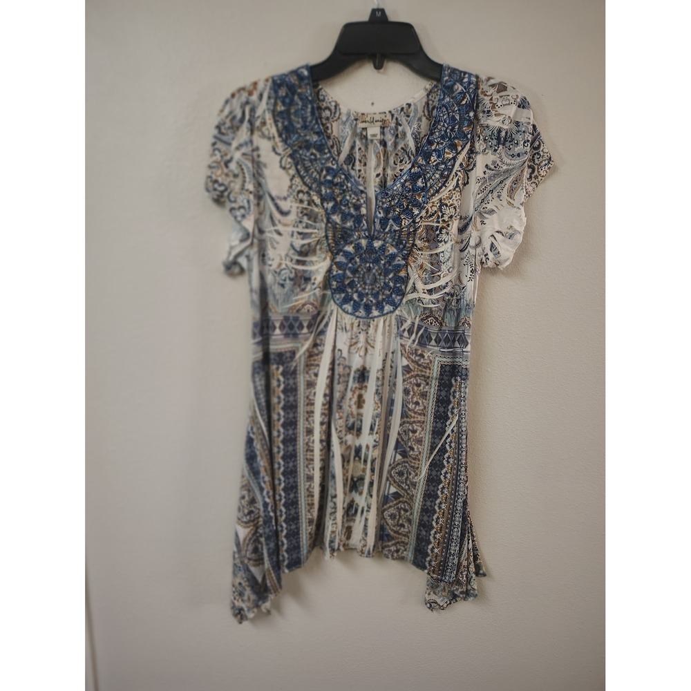 World‎ Unity Blue Paisley Boho Handkerchief Hem Tunic Top Short Sleeve Medium